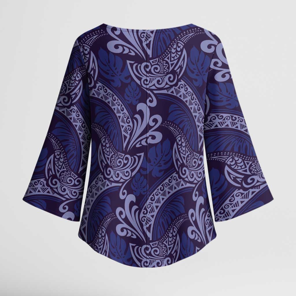 Deep Blue Monstera Kimono Sleeve Blouse Polynesian Tribal Pattern LT01 - Polynesian Pride