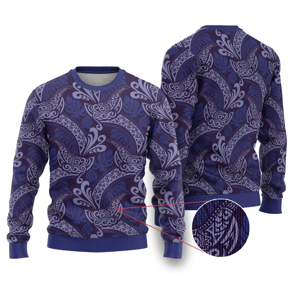 Deep Blue Monstera Ugly Christmas Sweater Polynesian Tribal Pattern - Polynesian Pride