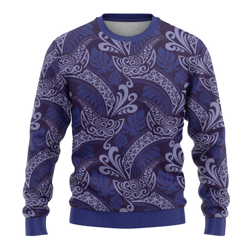 Deep Blue Monstera Ugly Christmas Sweater Polynesian Tribal Pattern - Polynesian Pride