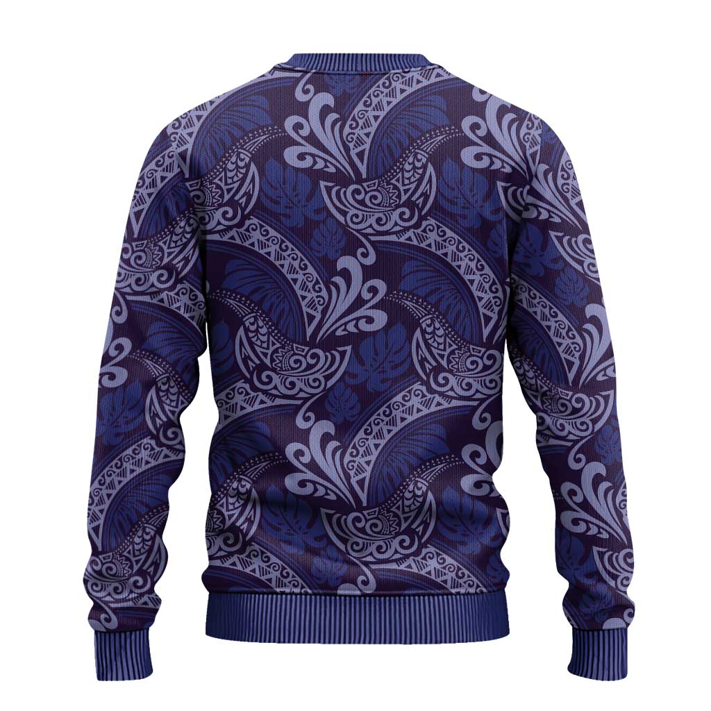 Deep Blue Monstera Ugly Christmas Sweater Polynesian Tribal Pattern - Polynesian Pride
