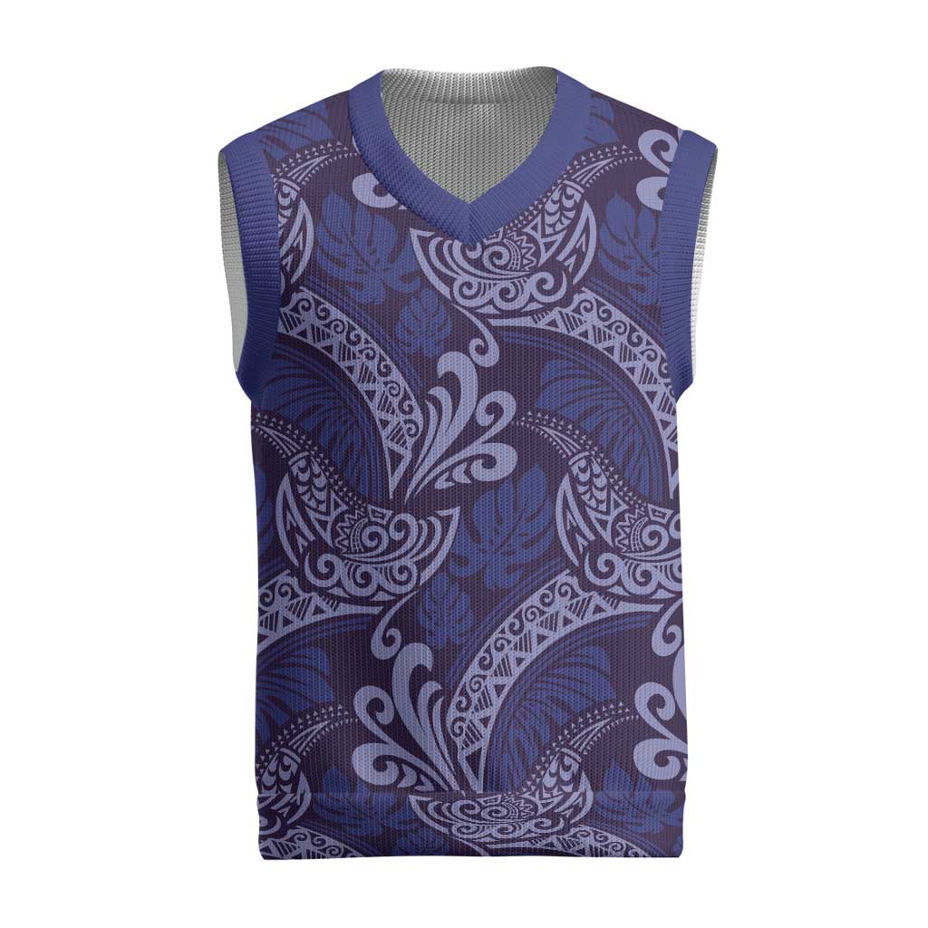 Deep Blue Monstera Christmas Knitted V-Neck Vest Polynesian Tribal Pattern LT01 Blue - Polynesian Pride