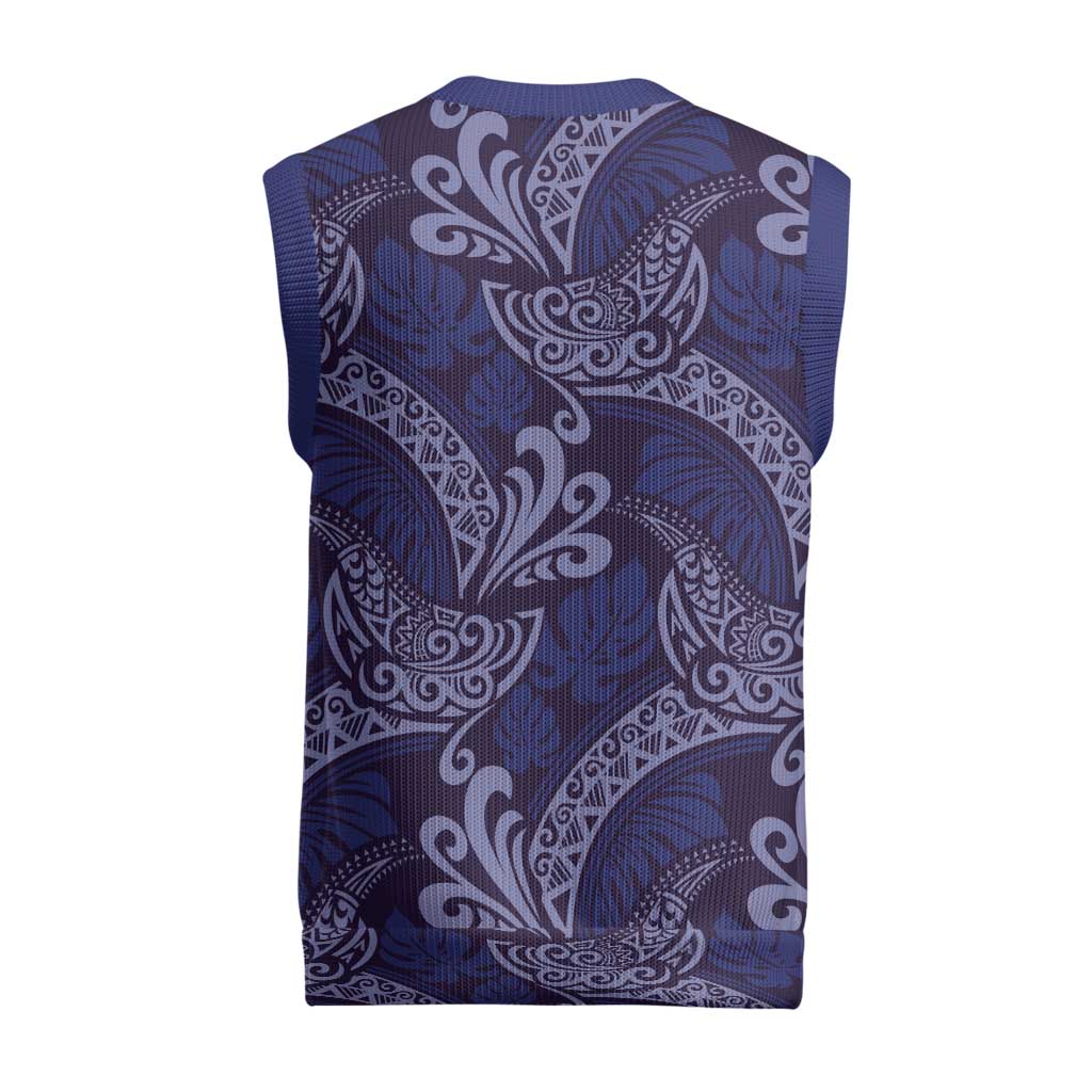 Deep Blue Monstera Christmas Knitted V-Neck Vest Polynesian Tribal Pattern LT01 - Polynesian Pride