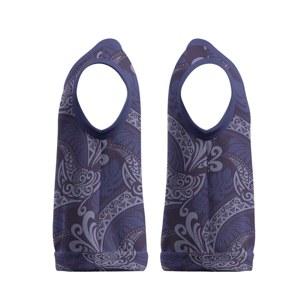 Deep Blue Monstera Christmas Knitted V-Neck Vest Polynesian Tribal Pattern LT01 - Polynesian Pride