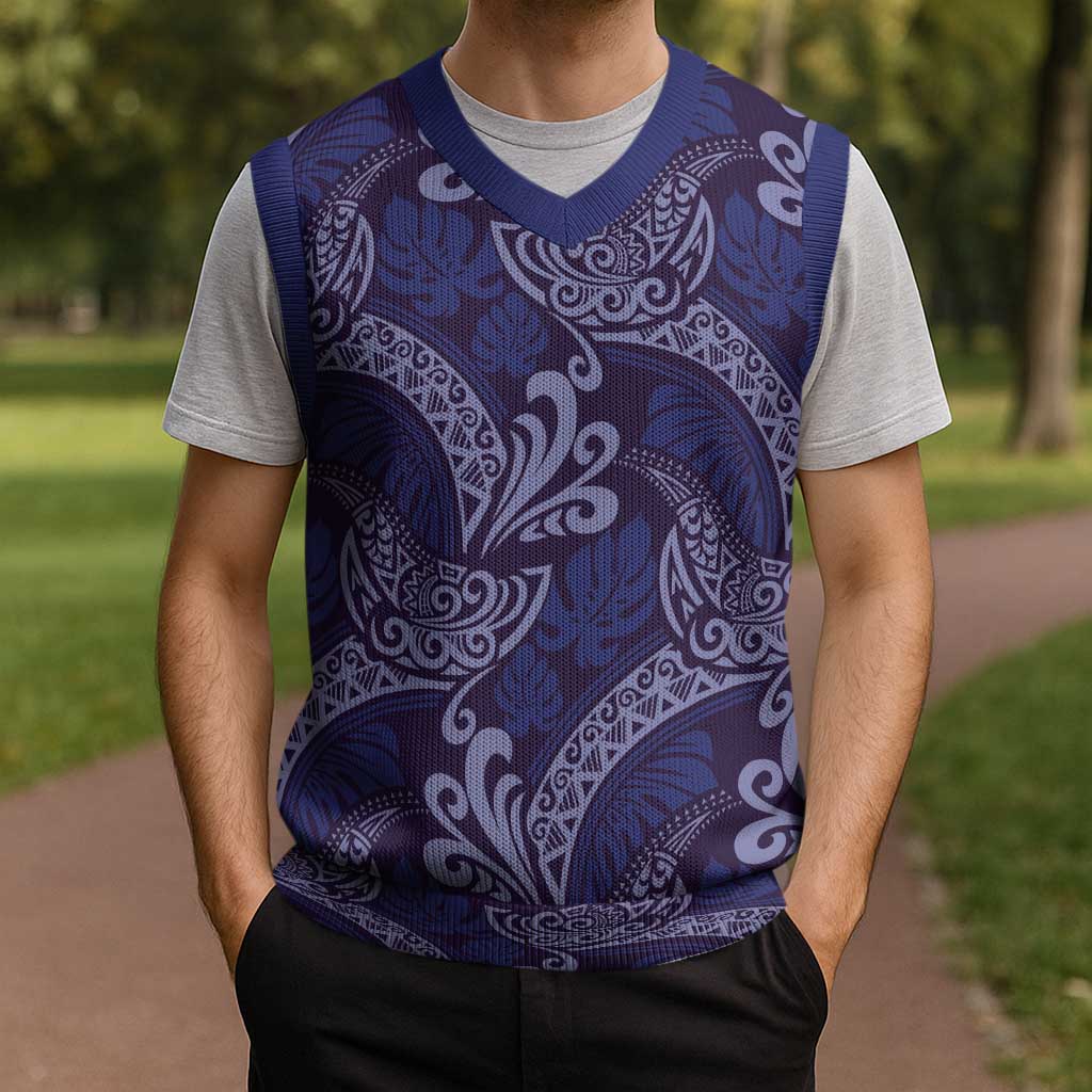Deep Blue Monstera Christmas Knitted V-Neck Vest Polynesian Tribal Pattern LT01 - Polynesian Pride