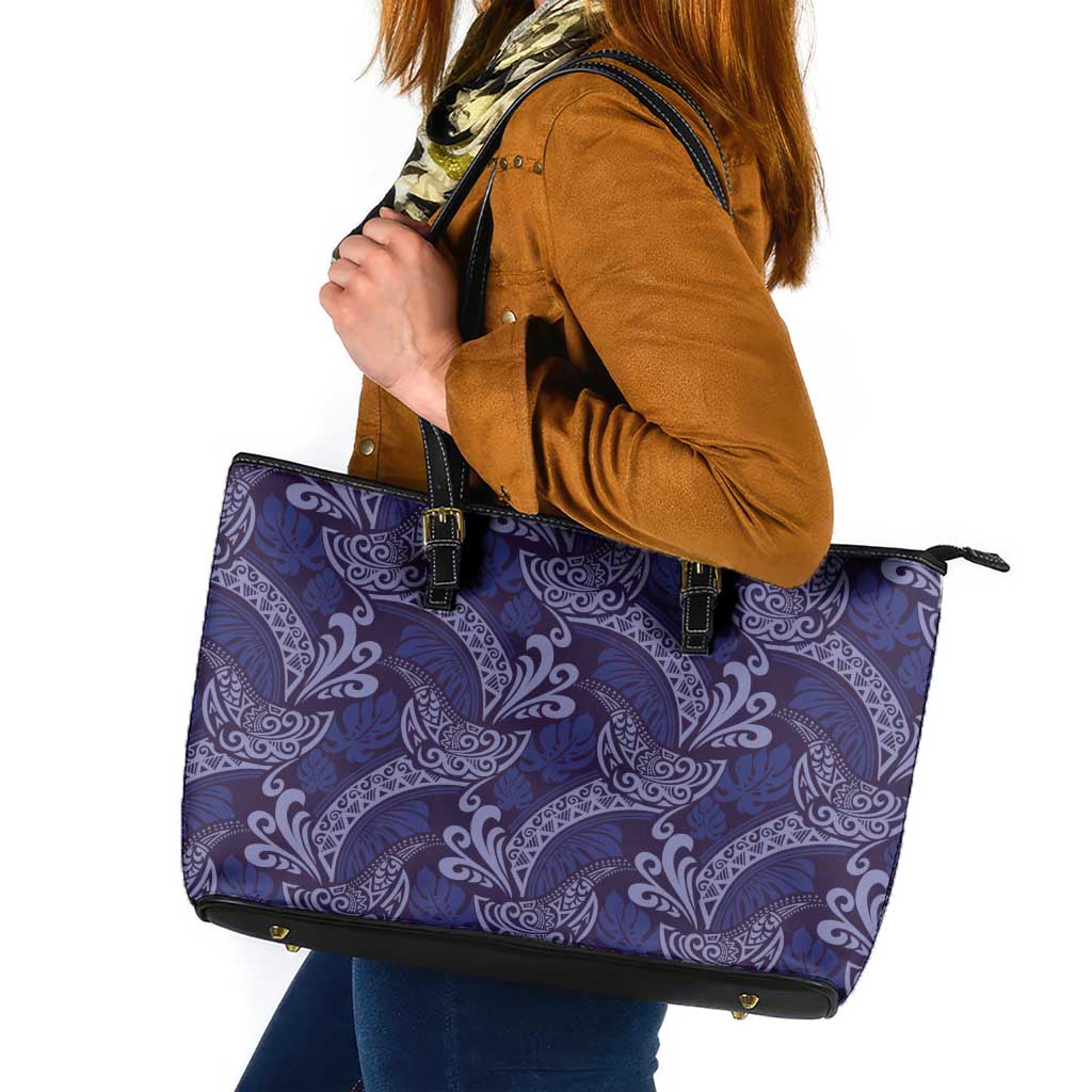 Deep Blue Monstera Leather Tote Bag Polynesian Tribal Pattern - Polynesian Pride