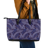 Deep Blue Monstera Leather Tote Bag Polynesian Tribal Pattern - Polynesian Pride