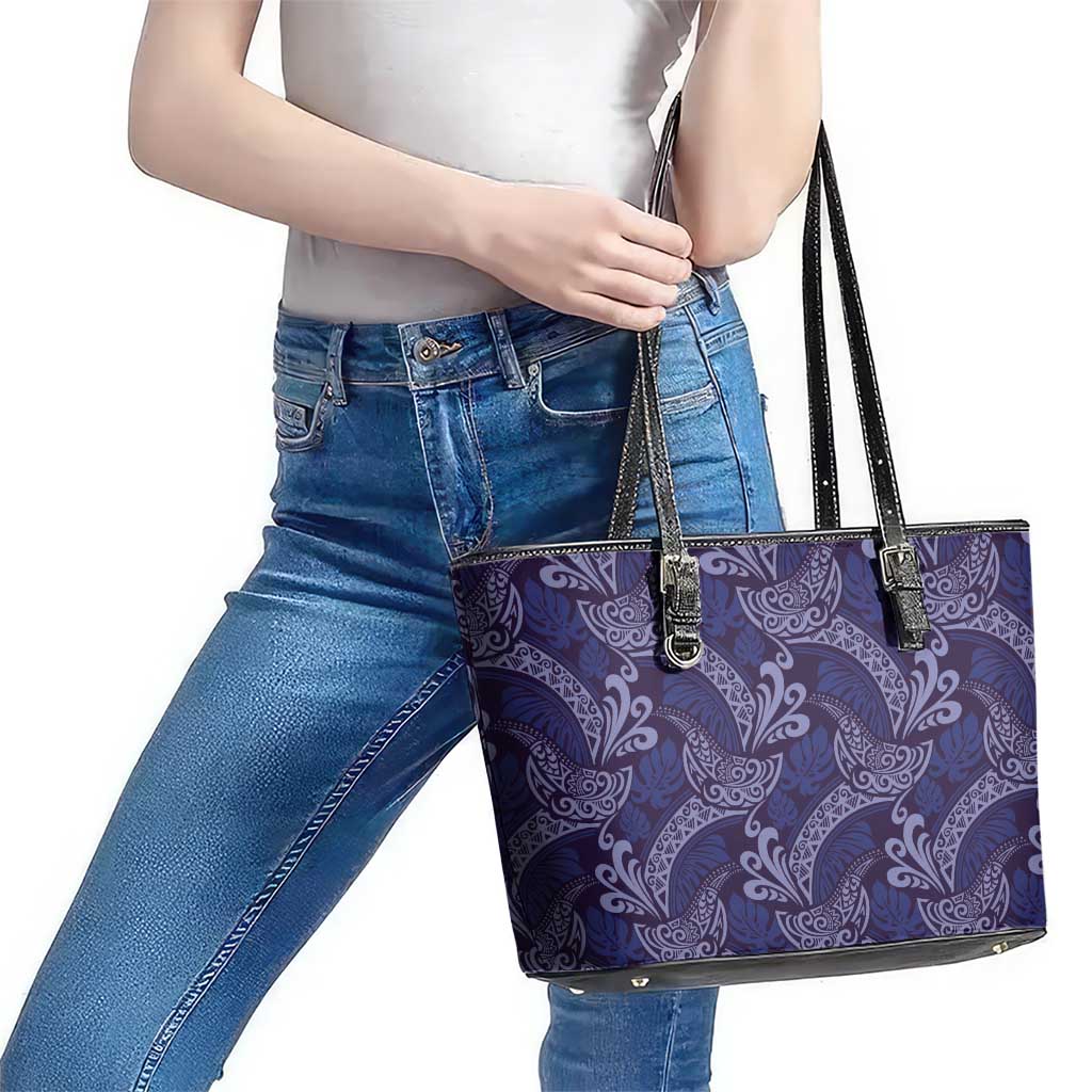 Deep Blue Monstera Leather Tote Bag Polynesian Tribal Pattern - Polynesian Pride