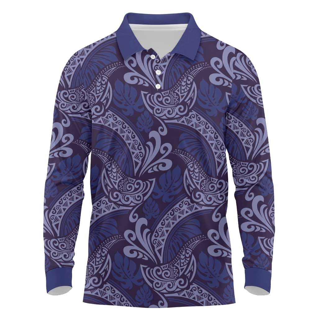 Deep Blue Monstera Long Sleeve Polo Shirt Polynesian Tribal Pattern LT01 Blue - Polynesian Pride