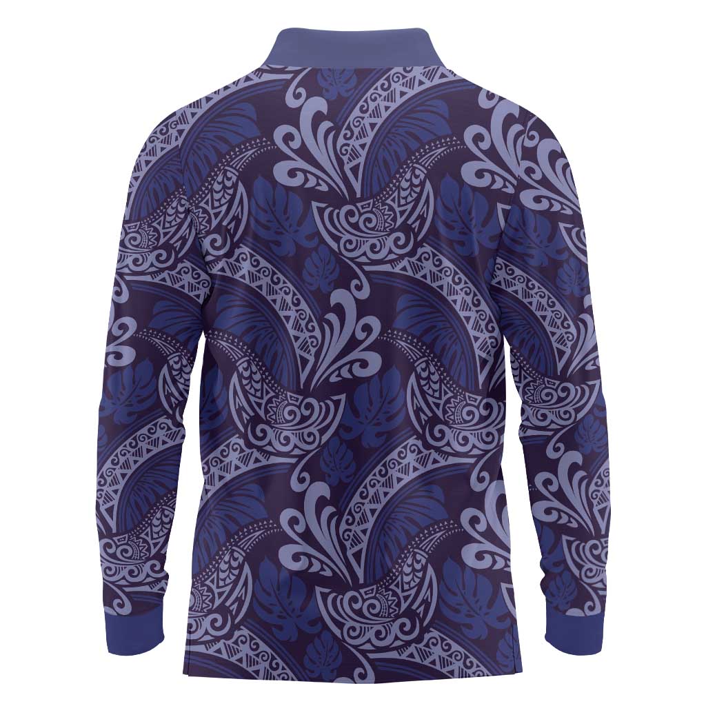Deep Blue Monstera Long Sleeve Polo Shirt Polynesian Tribal Pattern LT01 - Polynesian Pride