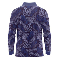 Deep Blue Monstera Long Sleeve Polo Shirt Polynesian Tribal Pattern LT01 - Polynesian Pride