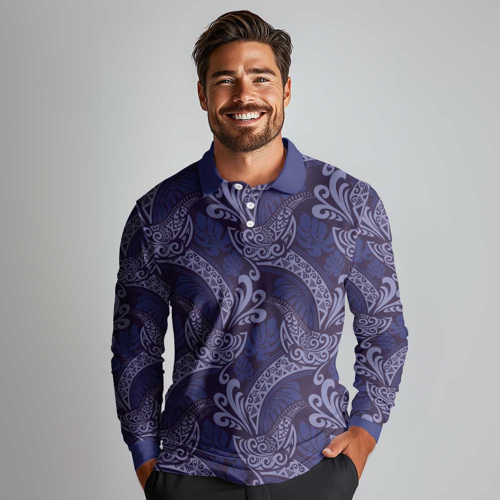 Deep Blue Monstera Long Sleeve Polo Shirt Polynesian Tribal Pattern LT01 - Polynesian Pride