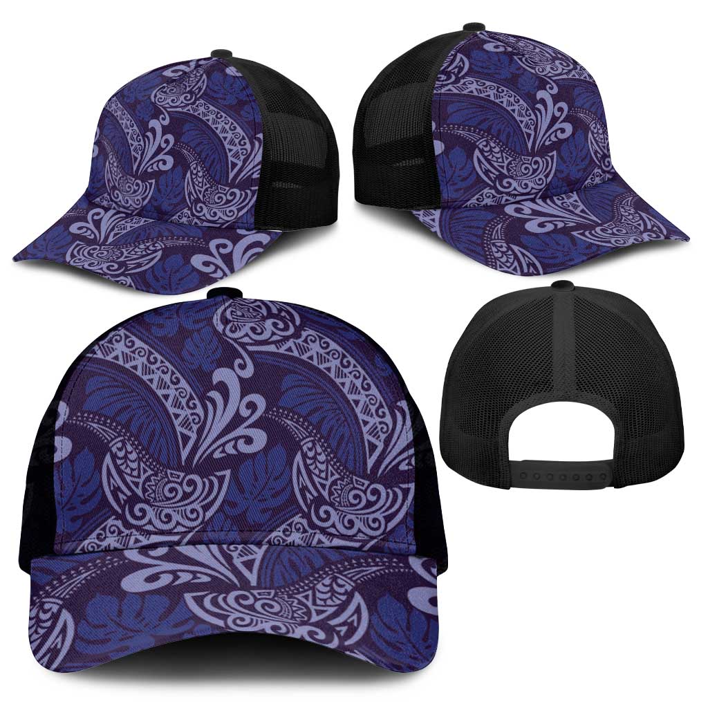 Deep Blue Monstera Mesh Trucker Cap Polynesian Tribal Pattern - Polynesian Pride