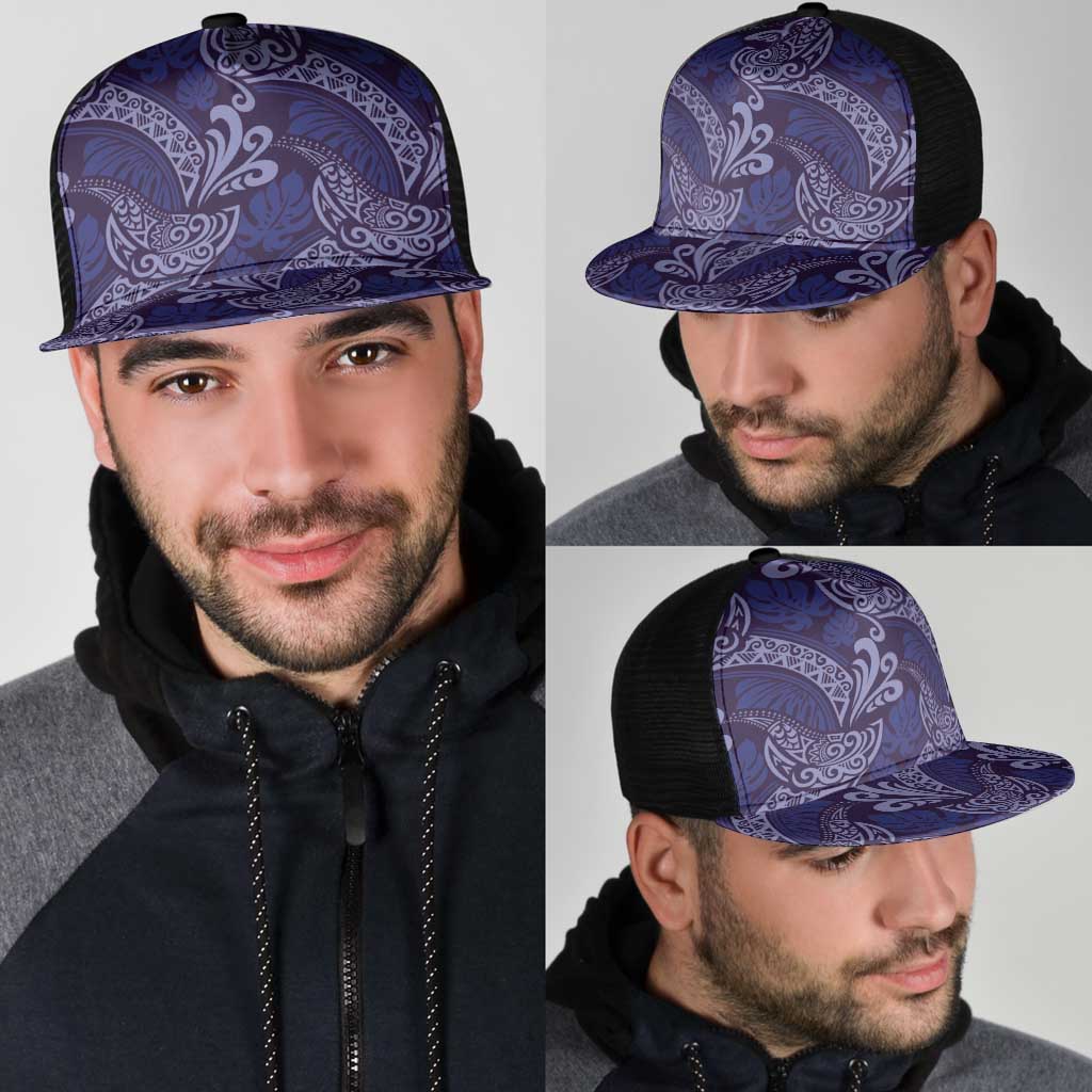 Deep Blue Monstera Mesh Trucker Cap Polynesian Tribal Pattern - Polynesian Pride