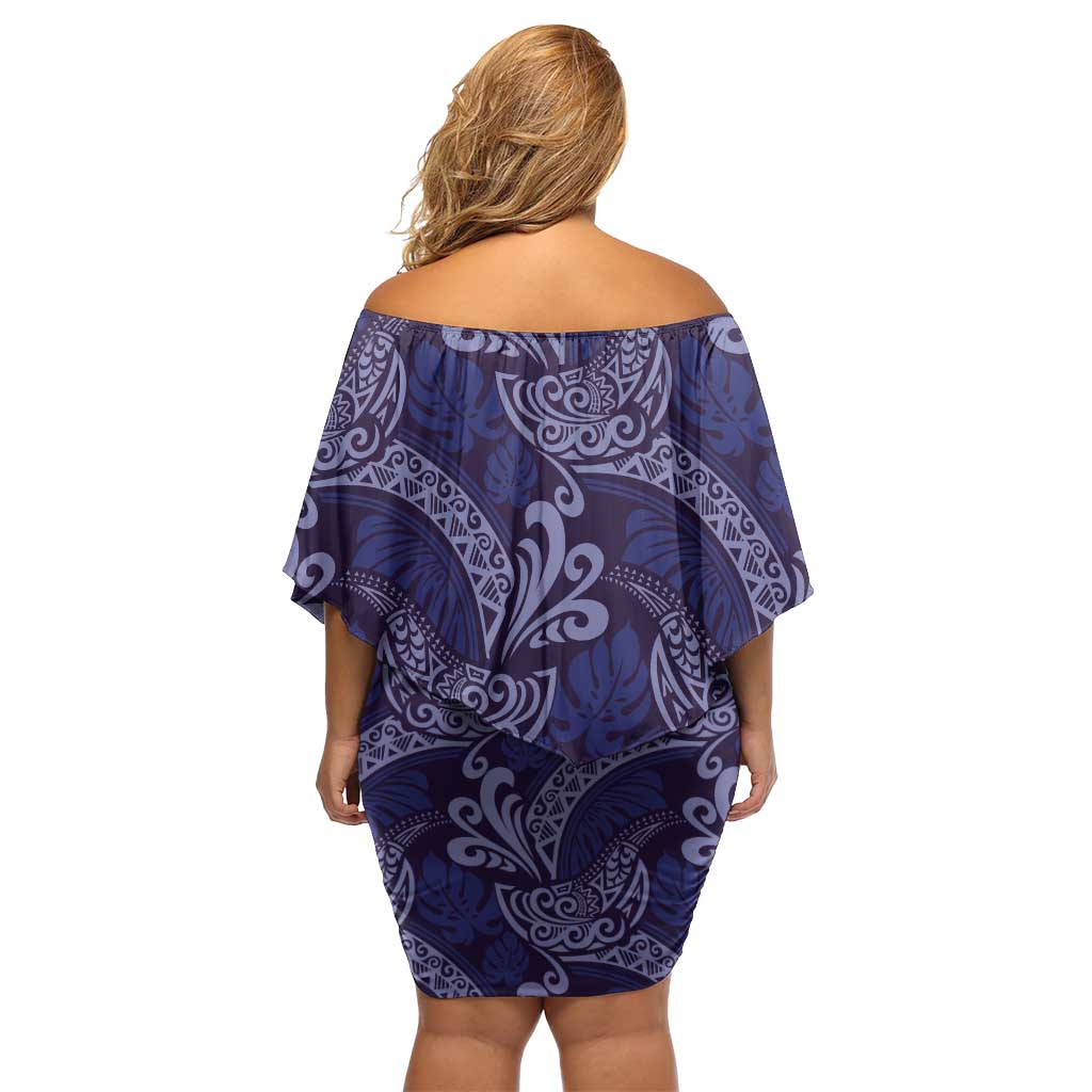 Deep Blue Monstera Off Shoulder Short Dress Polynesian Tribal Pattern LT01 - Polynesian Pride