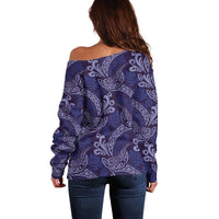 Deep Blue Monstera Off Shoulder Sweater Polynesian Tribal Pattern - Polynesian Pride