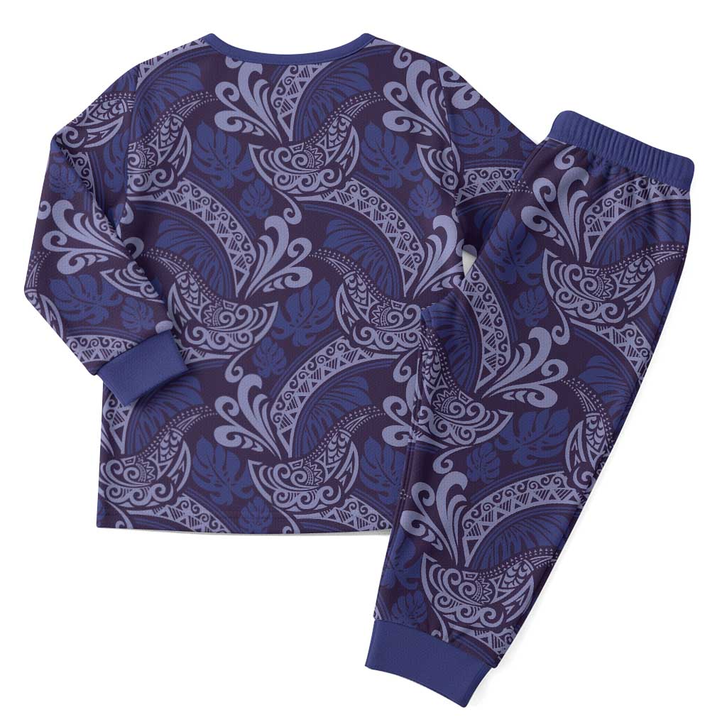Deep Blue Monstera Christmas Pajama Set Polynesian Tribal Pattern LT01 - Polynesian Pride