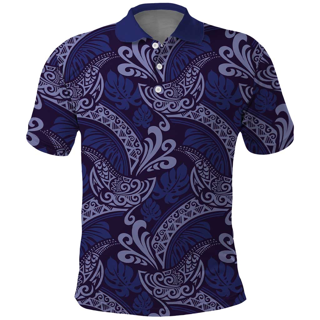 Deep Blue Monstera Polo Shirt Polynesian Tribal Pattern LT01 Blue - Polynesian Pride
