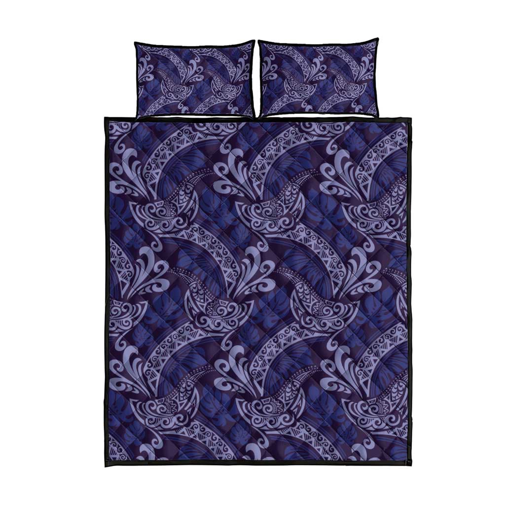 Deep Blue Monstera Quilt Bed Set Polynesian Tribal Pattern - Polynesian Pride