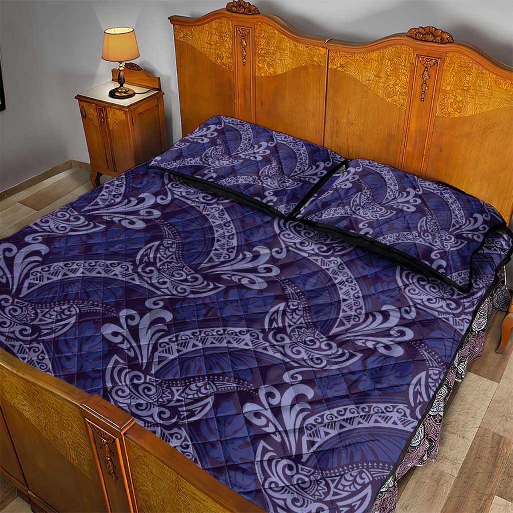 Deep Blue Monstera Quilt Bed Set Polynesian Tribal Pattern - Polynesian Pride