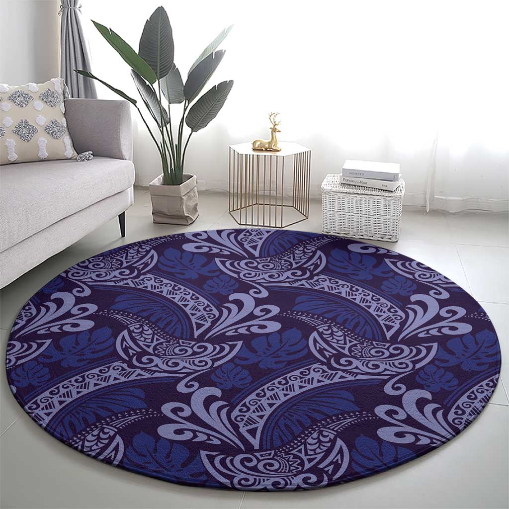 Deep Blue Monstera Round Carpet Polynesian Tribal Pattern - Polynesian Pride
