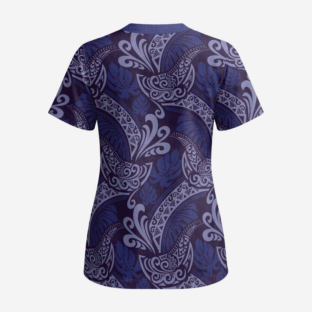 Deep Blue Monstera Scrub Top - Polynesian Tribal Pattern LT01 - Polynesian Pride