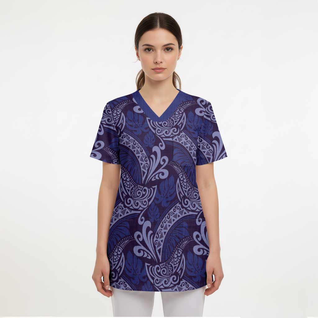 Deep Blue Monstera Scrub Top - Polynesian Tribal Pattern LT01 - Polynesian Pride