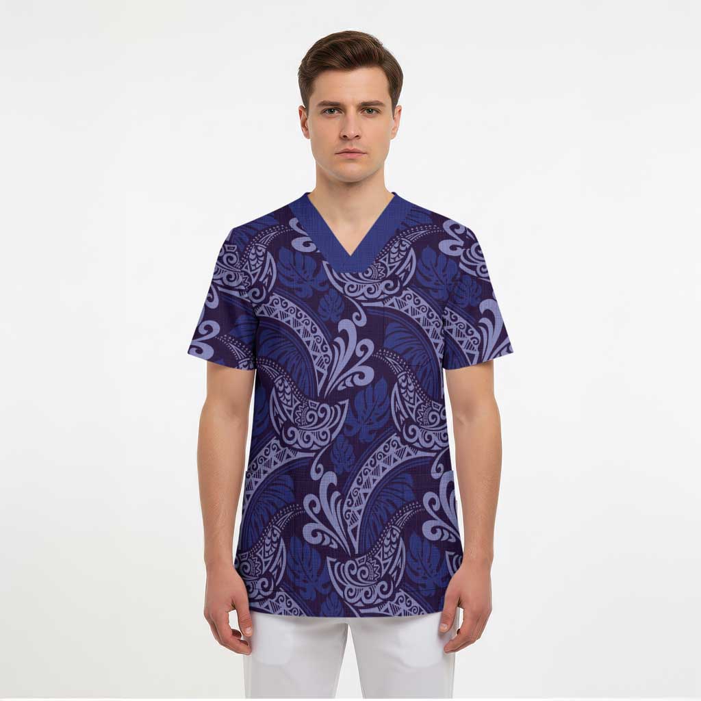Deep Blue Monstera Scrub Top - Polynesian Tribal Pattern LT01 - Polynesian Pride
