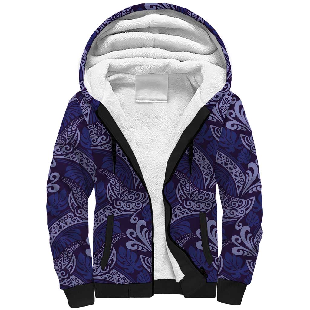 Deep Blue Monstera Sherpa Hoodie Polynesian Tribal Pattern - Polynesian Pride