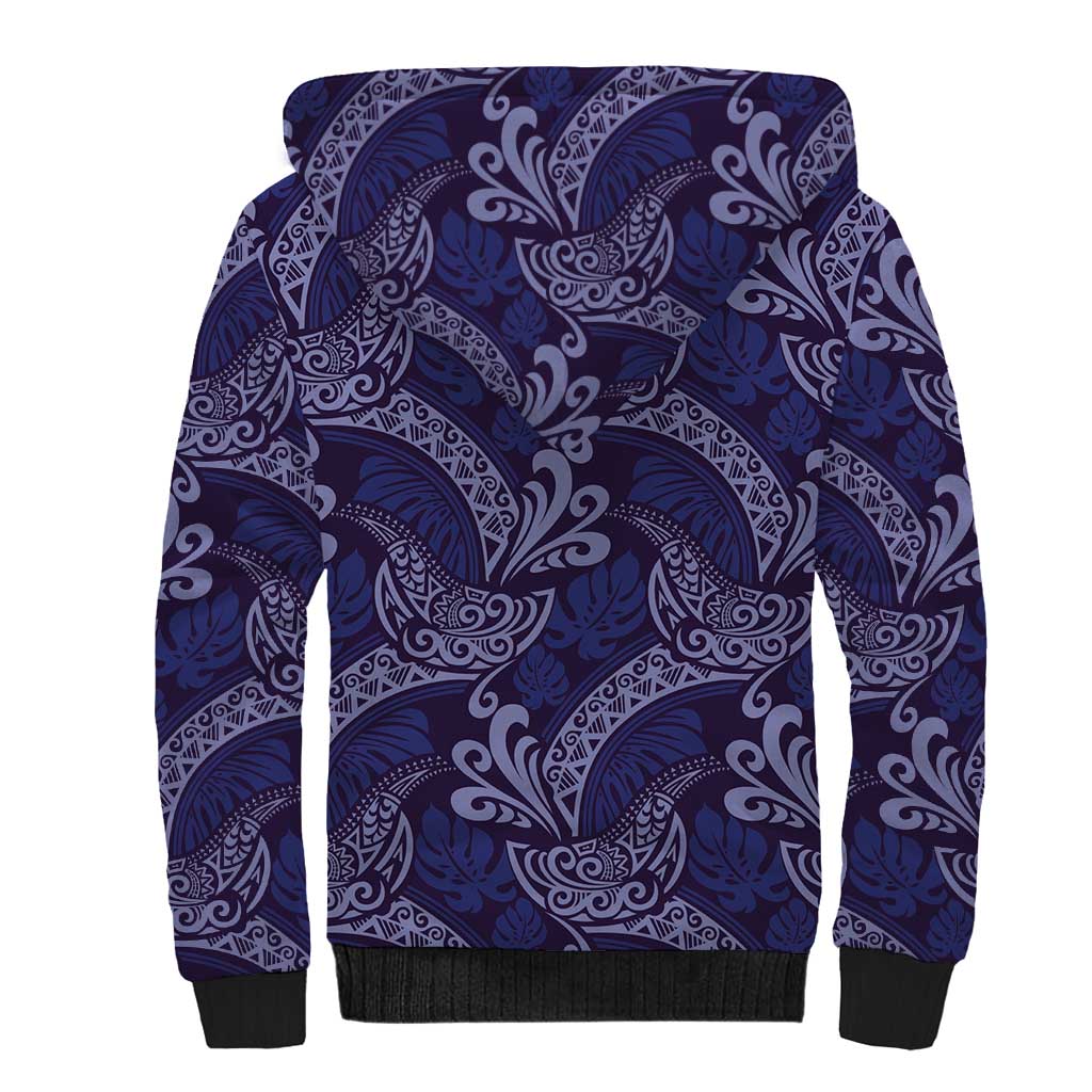 Deep Blue Monstera Sherpa Hoodie Polynesian Tribal Pattern - Polynesian Pride