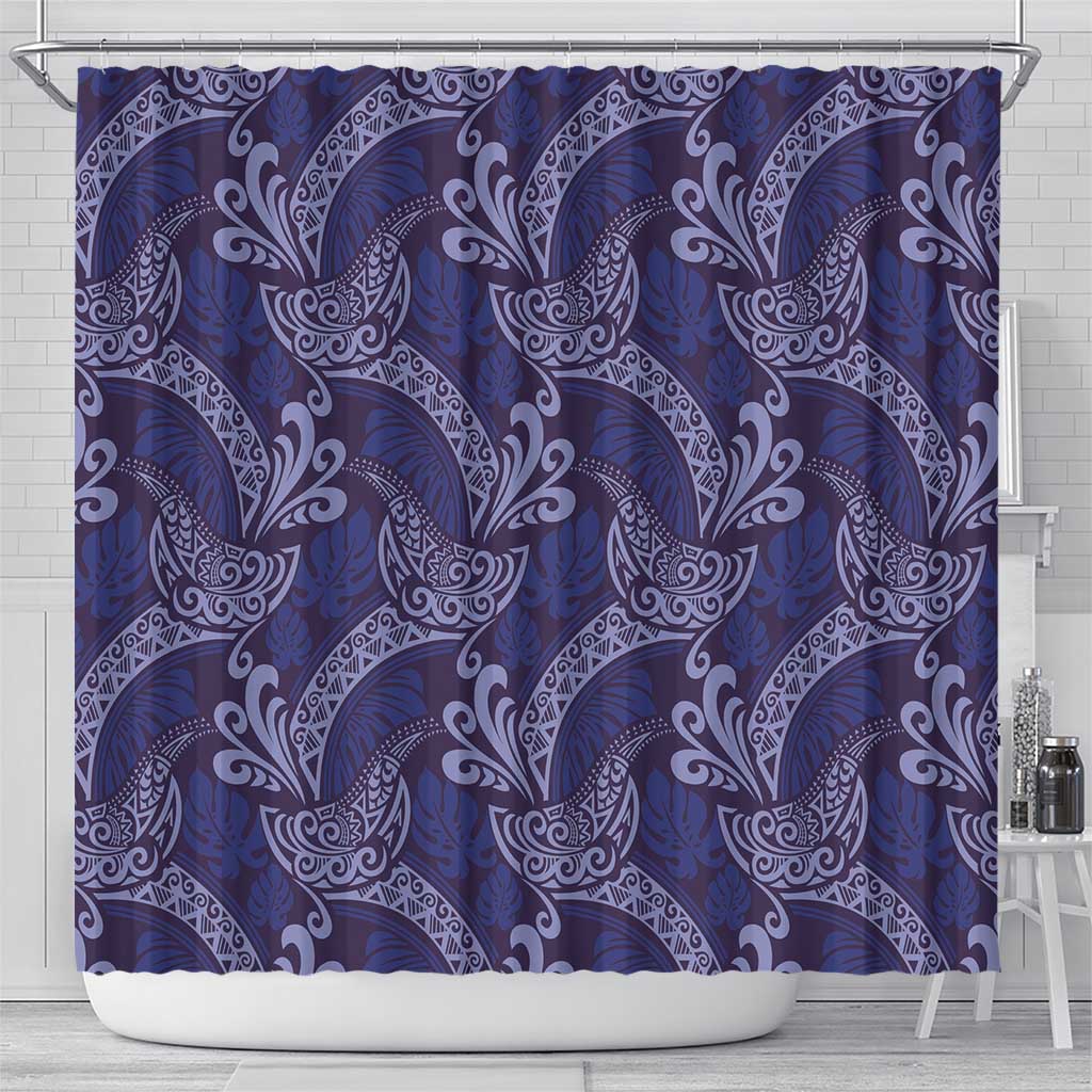 Deep Blue Monstera Shower Curtain Polynesian Tribal Pattern - Polynesian Pride