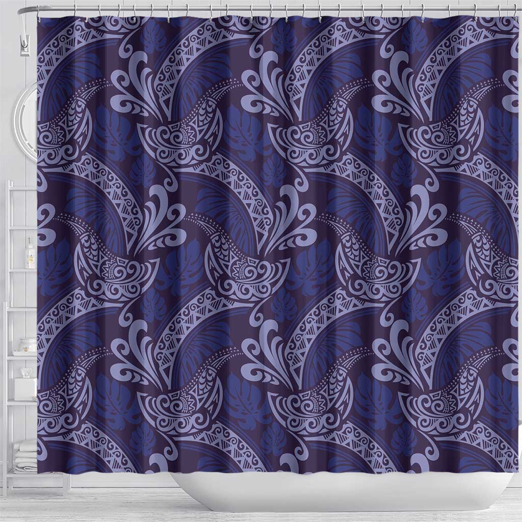 Deep Blue Monstera Shower Curtain Polynesian Tribal Pattern - Polynesian Pride