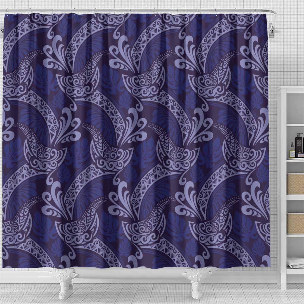 Deep Blue Monstera Shower Curtain Polynesian Tribal Pattern - Polynesian Pride