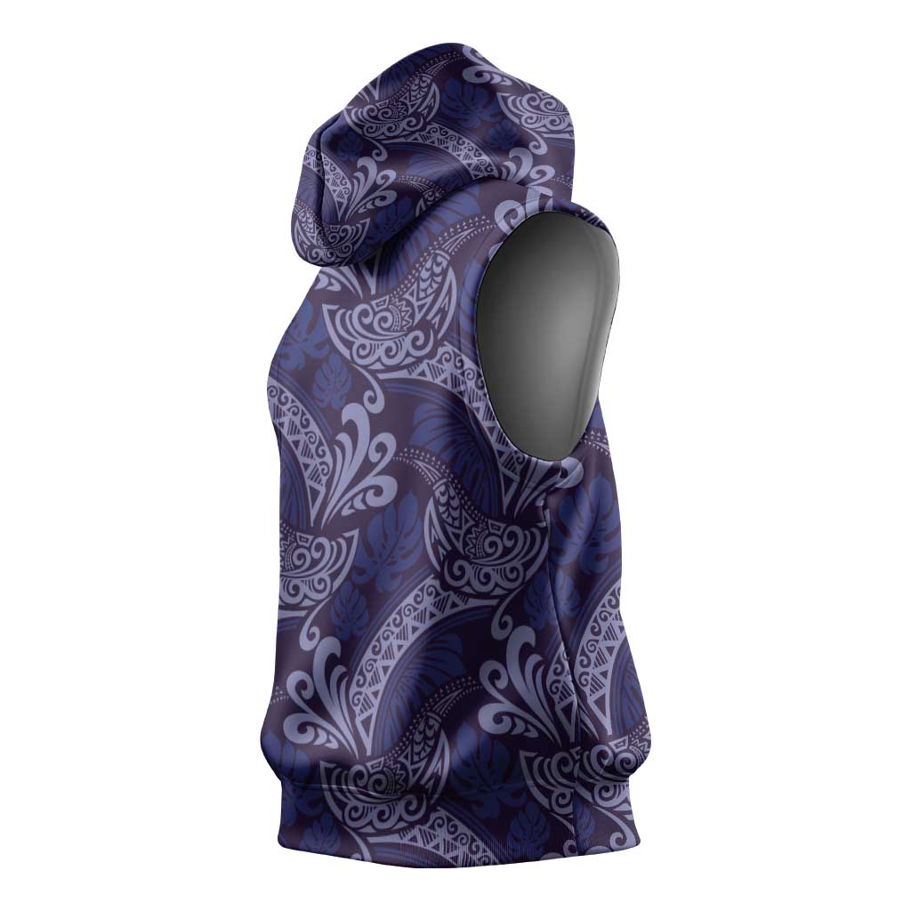 Deep Blue Monstera Sleeveless Hoodie Polynesian Tribal Pattern LT01 - Polynesian Pride