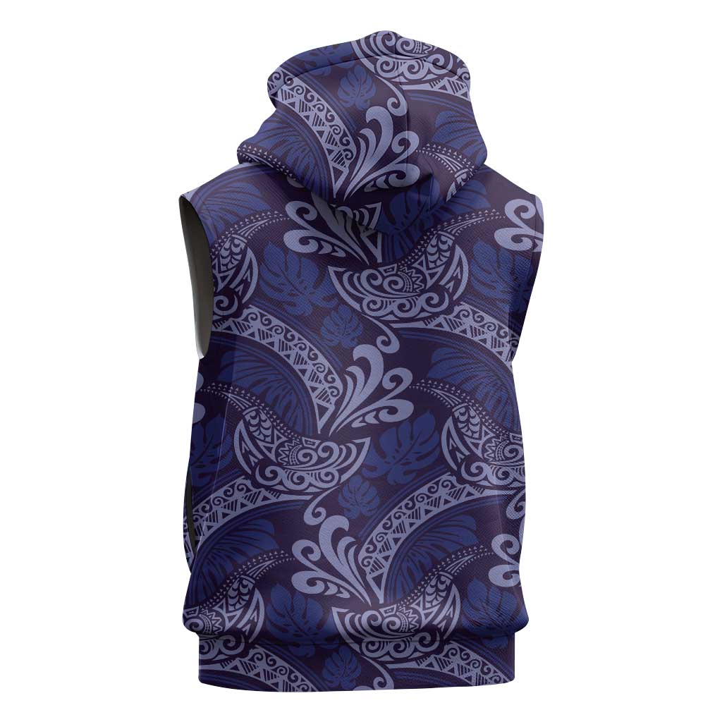 Deep Blue Monstera Sleeveless Zip Hoodie Polynesian Tribal Pattern LT01 - Polynesian Pride