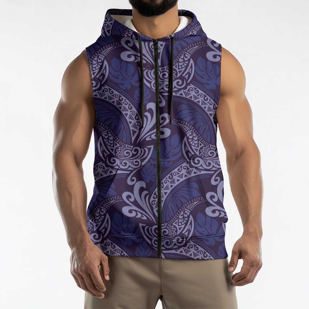 Deep Blue Monstera Sleeveless Zip Hoodie Polynesian Tribal Pattern LT01 - Polynesian Pride