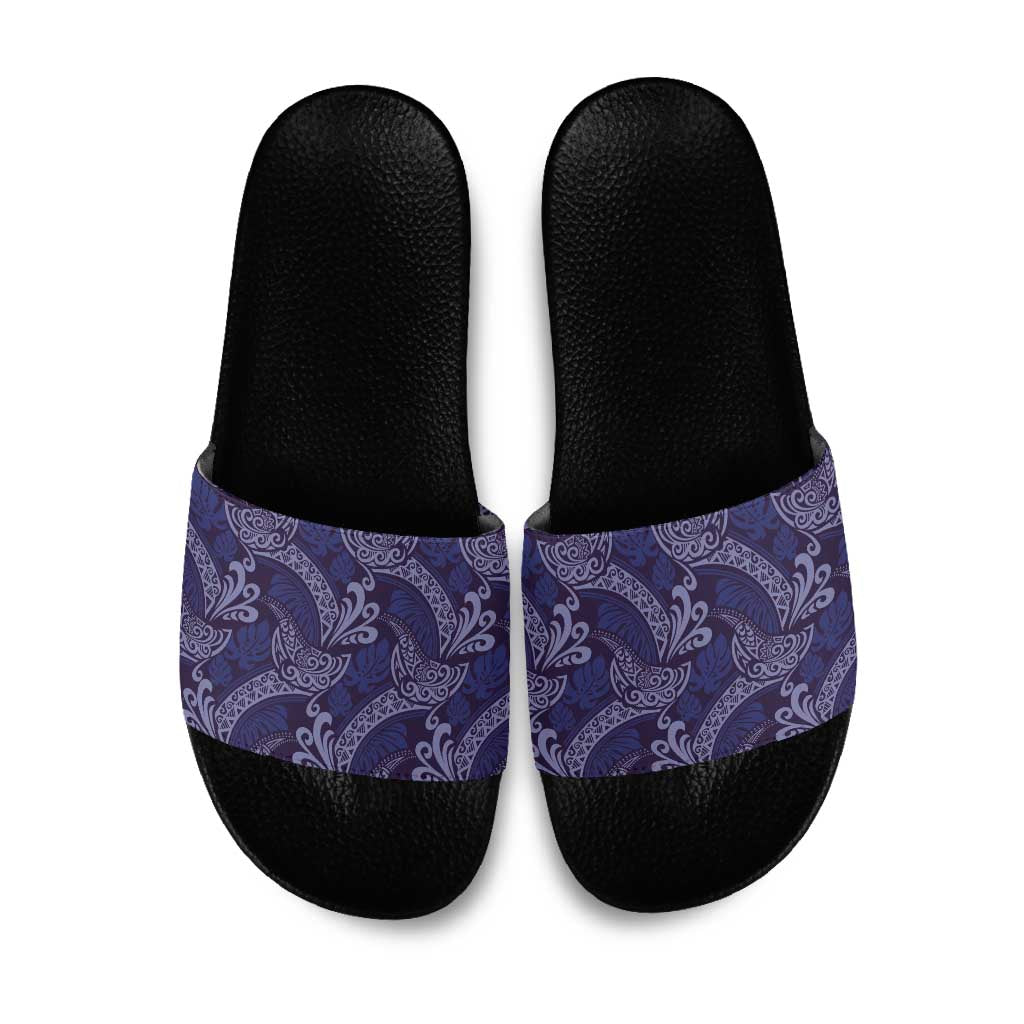 Deep Blue Monstera Slide Sandals Polynesian Tribal Pattern - Polynesian Pride