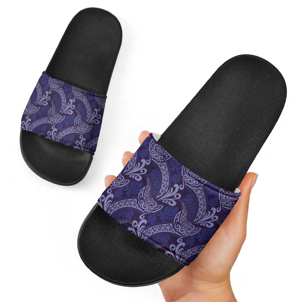 Deep Blue Monstera Slide Sandals Polynesian Tribal Pattern - Polynesian Pride