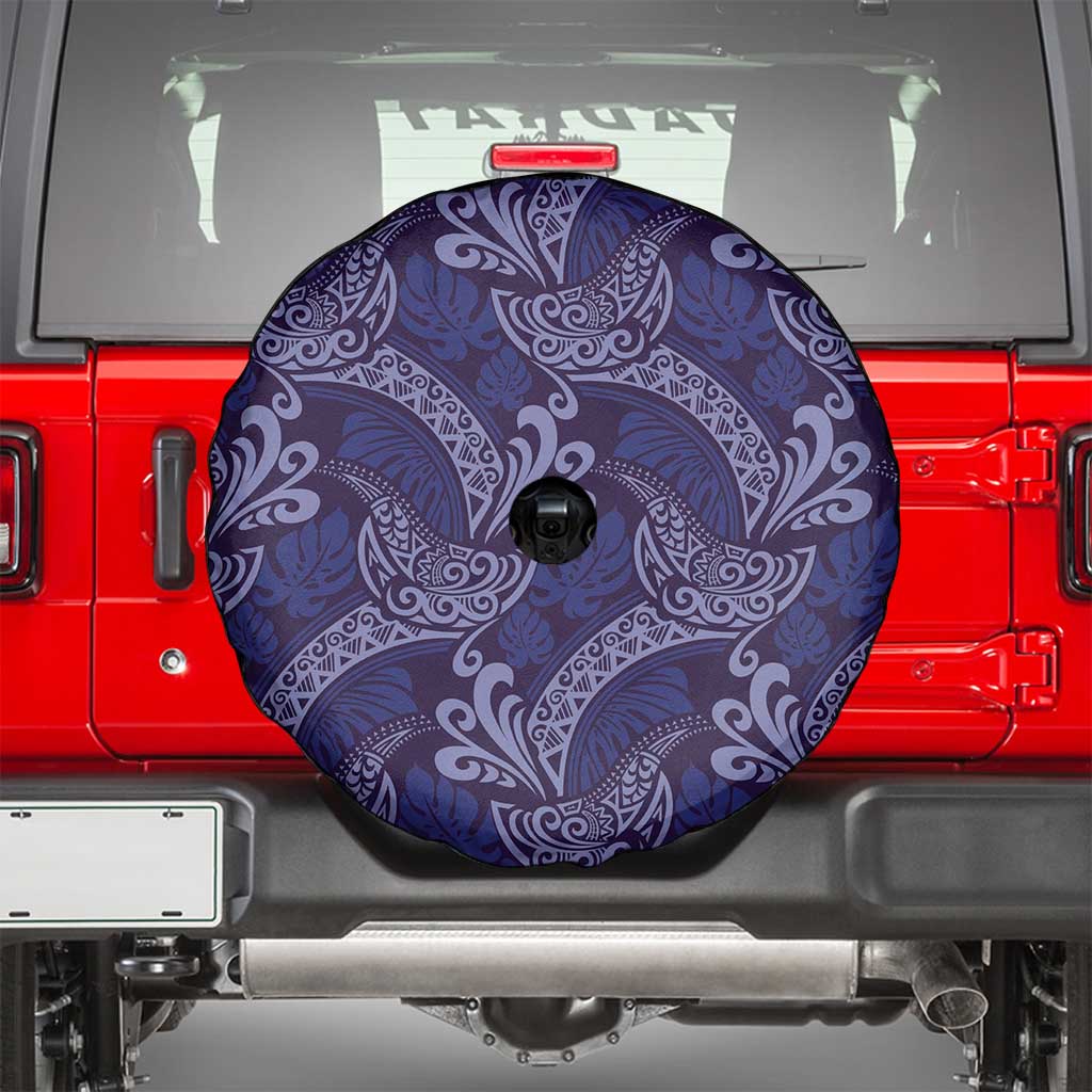 Deep Blue Monstera Spare Tire Cover Polynesian Tribal Pattern - Polynesian Pride