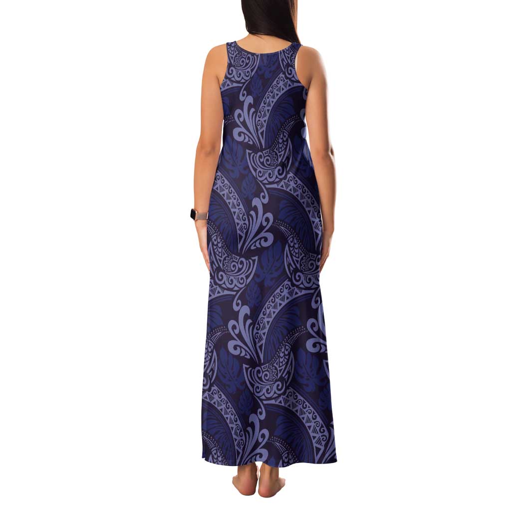 Deep Blue Monstera Tank Maxi Dress Polynesian Tribal Pattern LT01 - Polynesian Pride