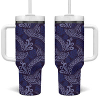 Deep Blue Monstera Tumbler With Handle Polynesian Tribal Pattern - Polynesian Pride