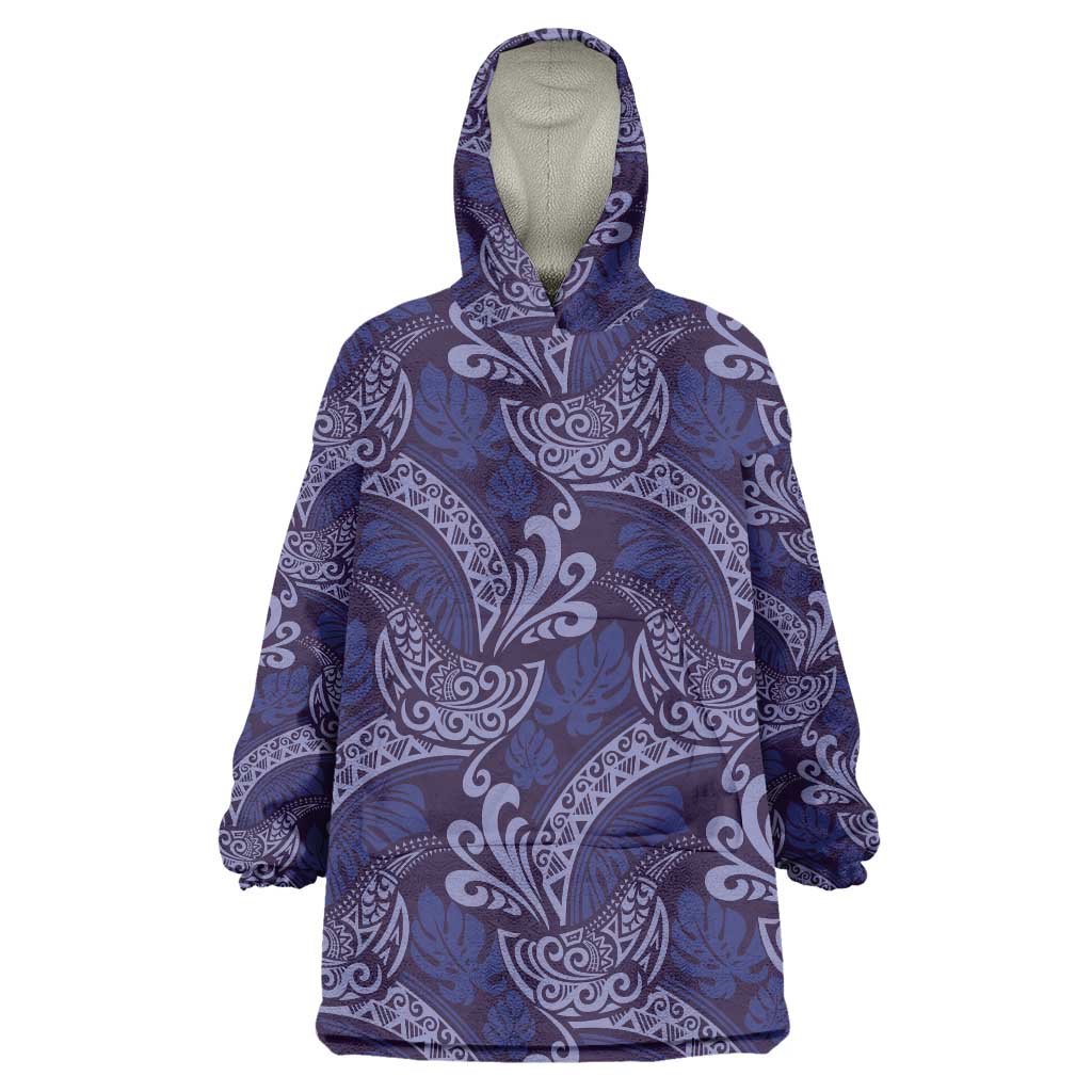 Deep Blue Monstera Wearable Blanket Hoodie Polynesian Tribal Pattern LT01 One Size Blue - Polynesian Pride
