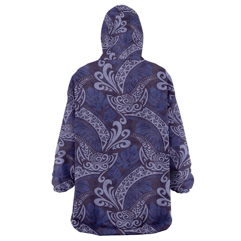 Deep Blue Monstera Wearable Blanket Hoodie Polynesian Tribal Pattern LT01 - Polynesian Pride