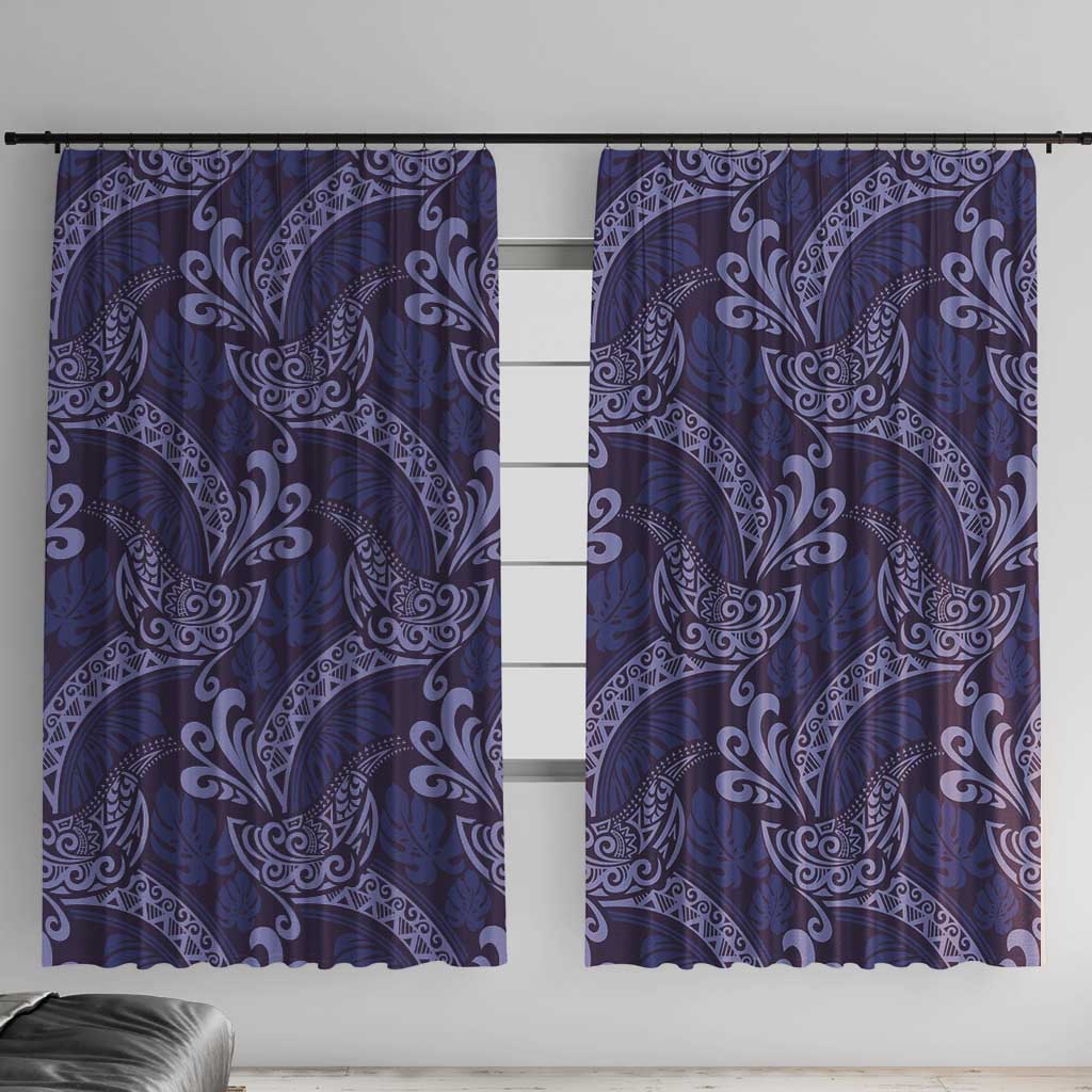 Deep Blue Monstera Window Curtain Polynesian Tribal Pattern - Polynesian Pride