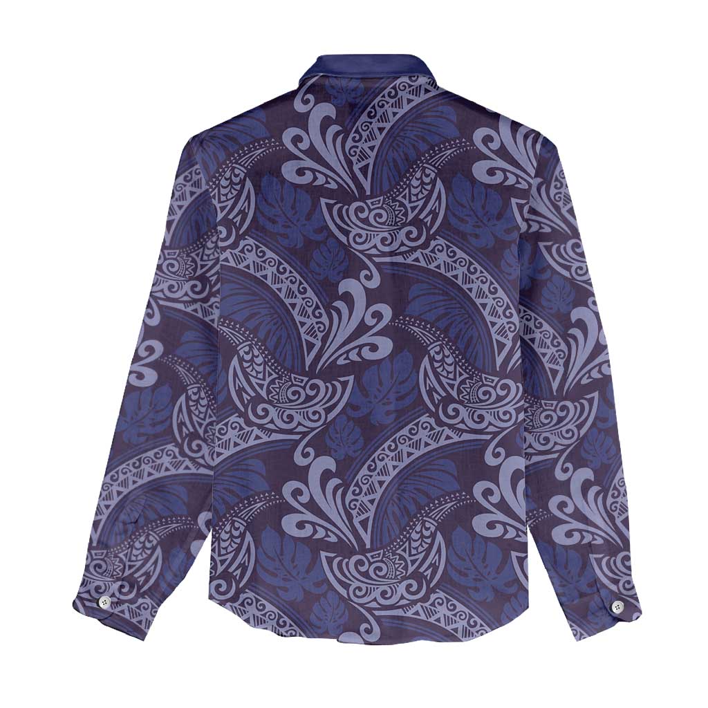 Deep Blue Monstera Women Casual Shirt Polynesian Tribal Pattern - Polynesian Pride