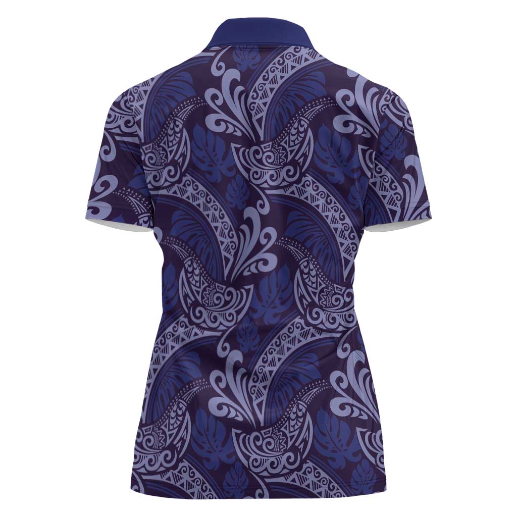 Deep Blue Monstera Women Polo Shirt Polynesian Tribal Pattern LT01 - Polynesian Pride