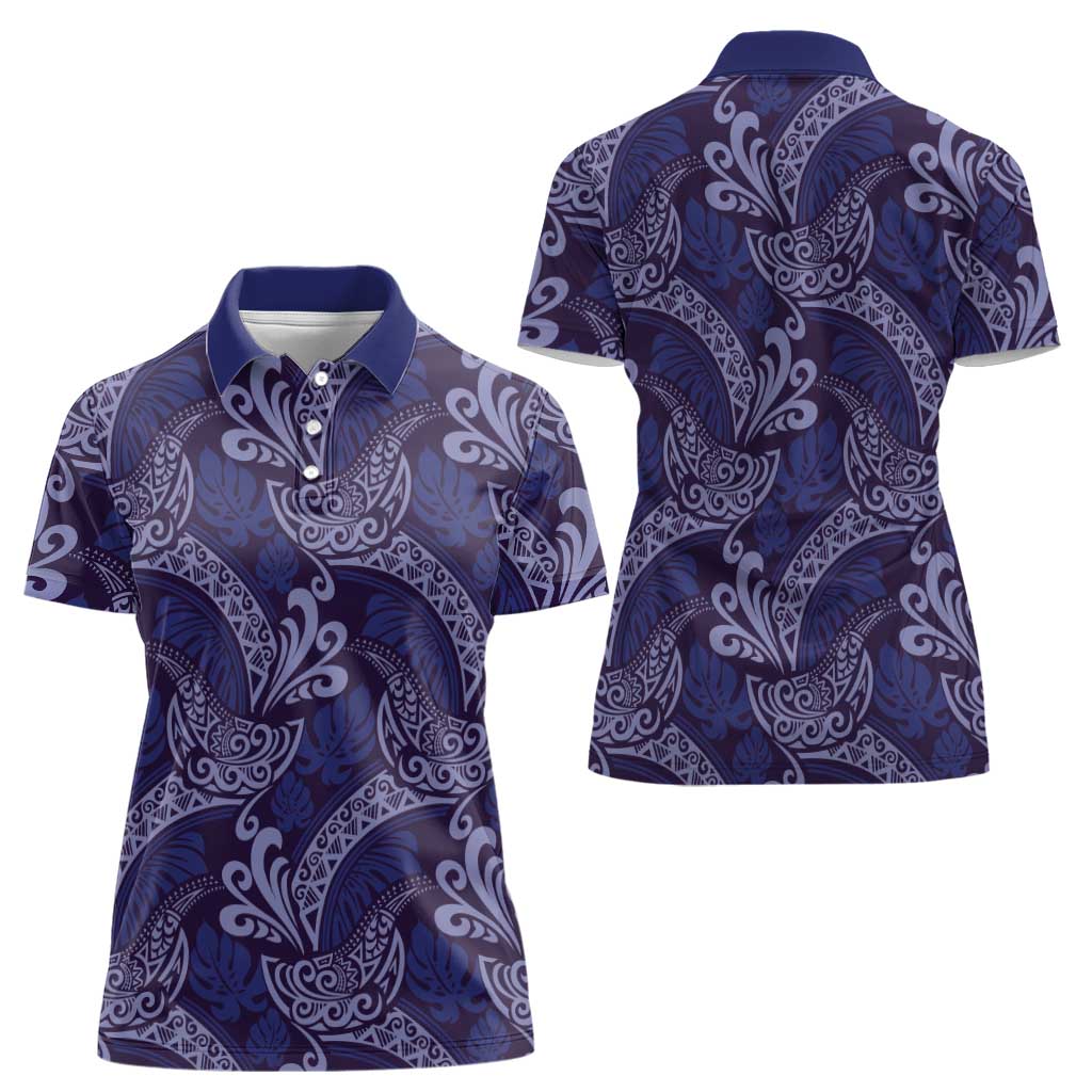 Deep Blue Monstera Women Polo Shirt Polynesian Tribal Pattern LT01 - Polynesian Pride