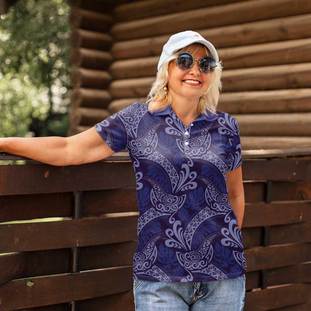 Deep Blue Monstera Women Polo Shirt Polynesian Tribal Pattern LT01 - Polynesian Pride