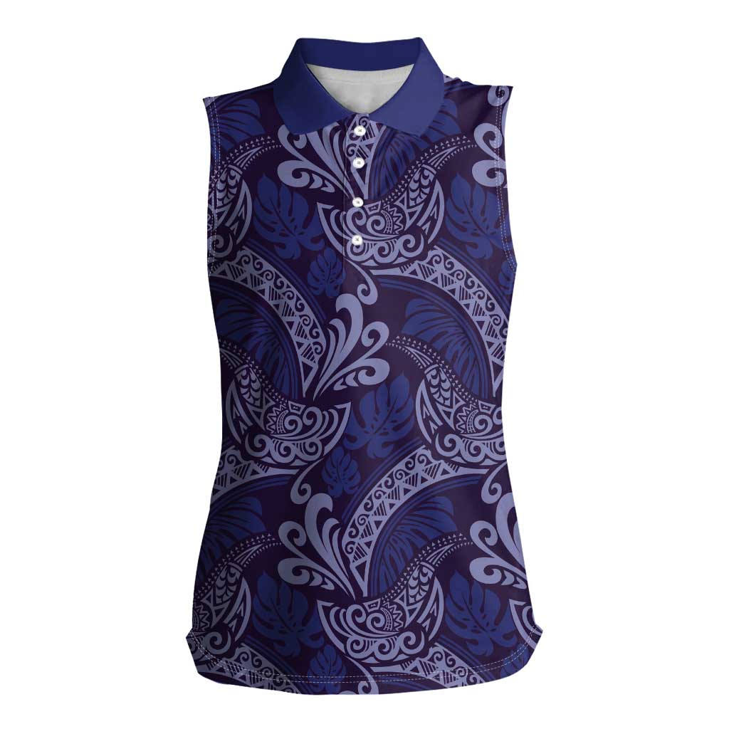 Deep Blue Monstera Women Sleeveless Polo Shirt Polynesian Tribal Pattern LT01 Female Blue - Polynesian Pride