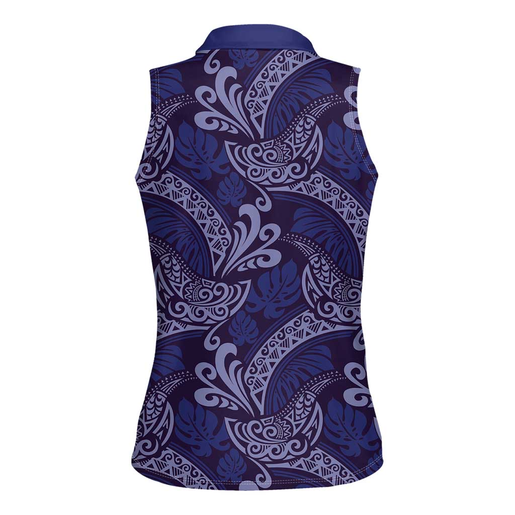 Deep Blue Monstera Women Sleeveless Polo Shirt Polynesian Tribal Pattern LT01 - Polynesian Pride