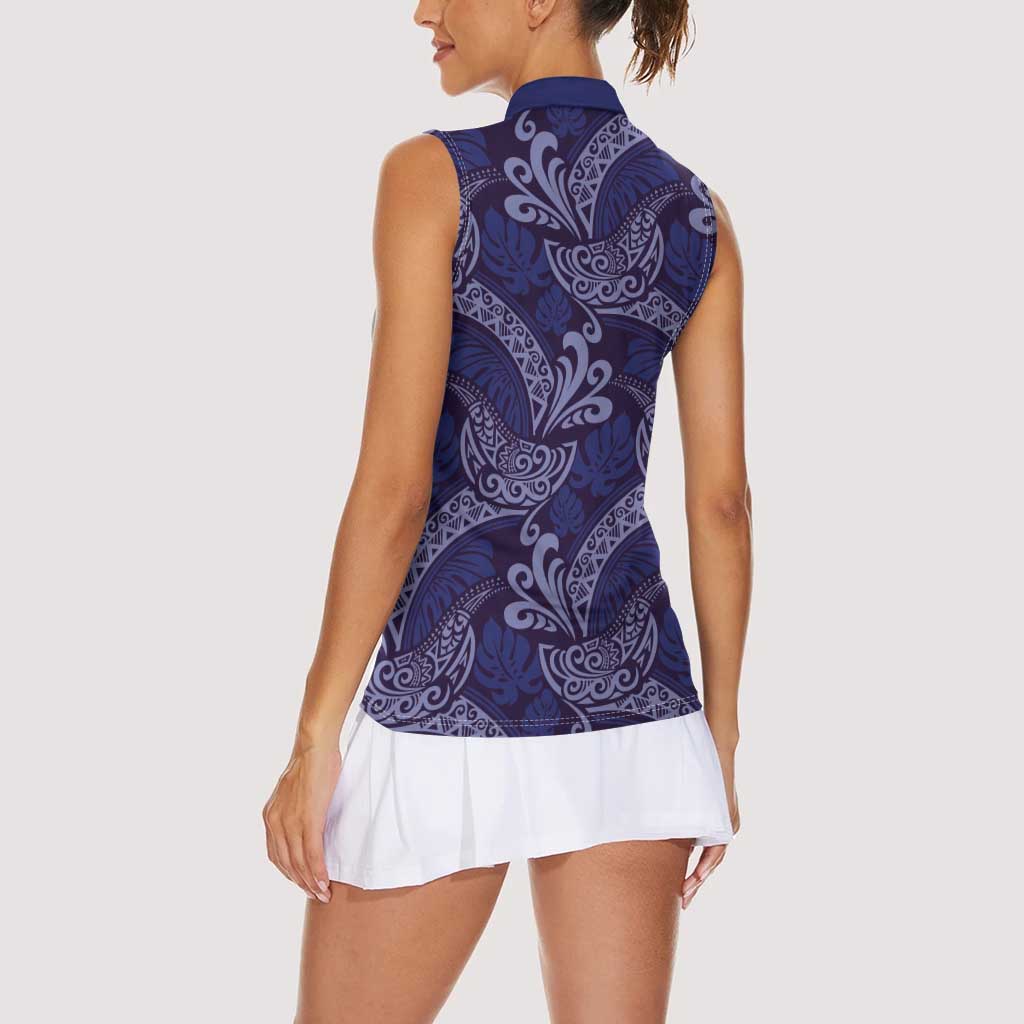 Deep Blue Monstera Women Sleeveless Polo Shirt Polynesian Tribal Pattern LT01 - Polynesian Pride